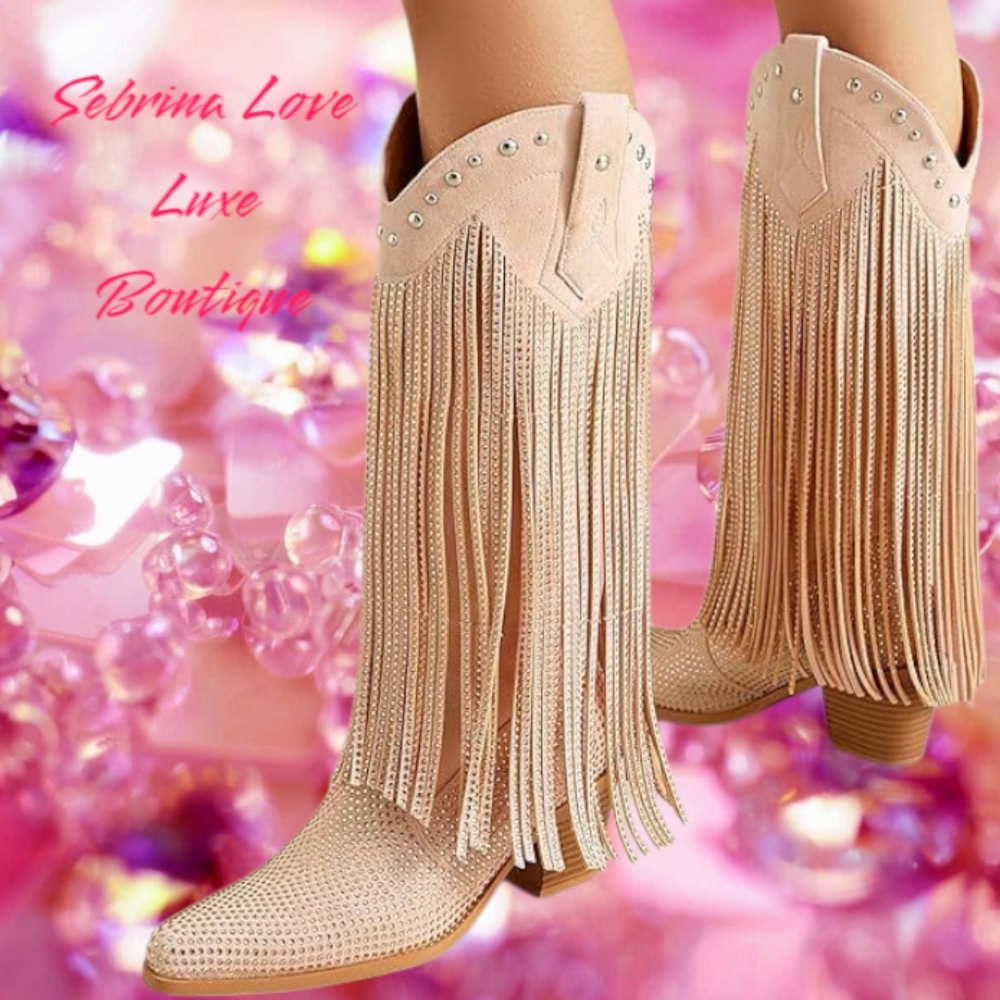 Champagne Pink Rhinestone Fringe Boho Western Boots